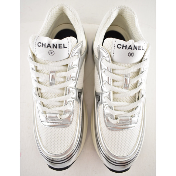 Chanel REV White Silver Metallic CC Logo Tie Flat Runner Trainer Sneaker 37.5 - Picture 9 of 14